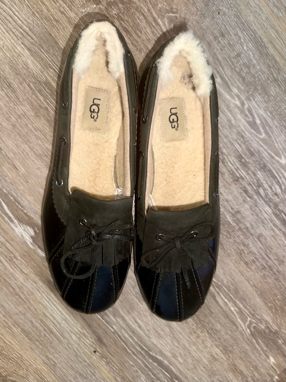 UGG Black Leather Waterproof Shearling-Lined Moccasin
